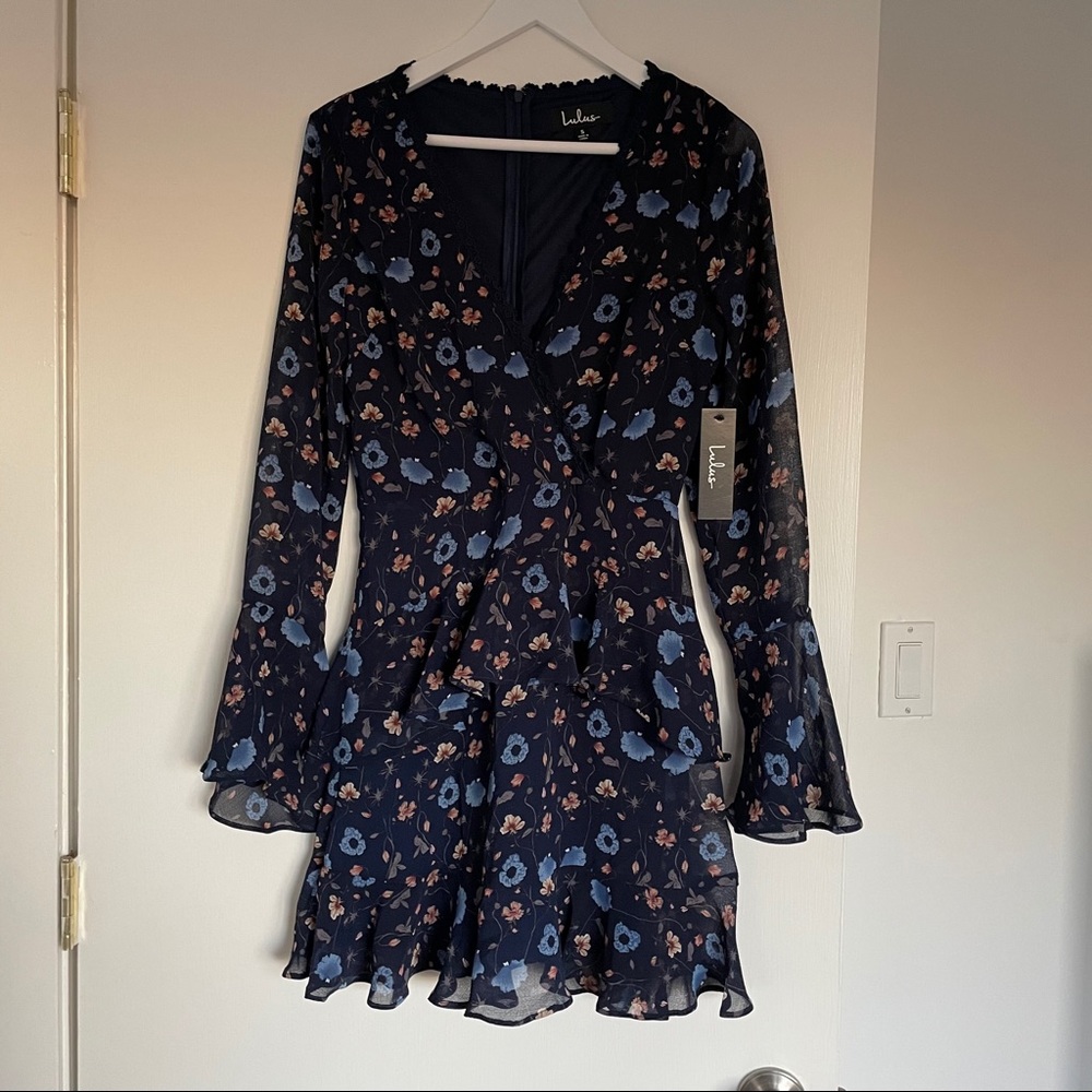 NWT Lulus Navy Blue Floral Ruffled Dress